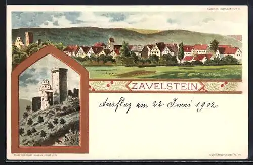 Künstler-AK Zavelstein, Gesamtansicht mit Ruine