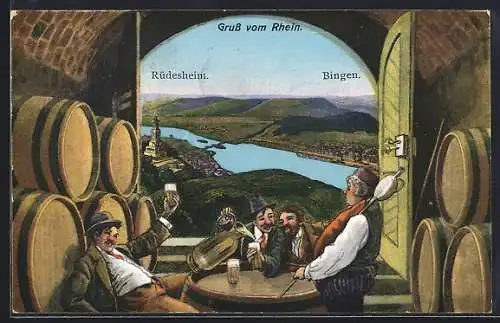 AK Rüdesheim / Rhein, Totalansicht mit Fluss und Bingen, Trunkenbolde schauen auf den Rhein