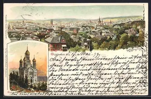 Lithographie Wiesbaden, Panorama und Griechische Kapelle