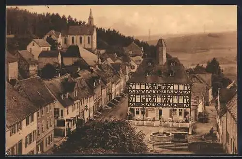 AK Holzappel, Hotel Herrenhaus zum Bären, Bes. Ludw. Dittmar, Ansicht mit Kirche