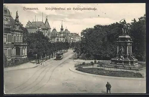 AK Hannover, Kriegerdenkmal mit Hohenzollernstrasse und Strassenbahn