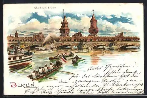 Lithographie Berlin-Friedrichshain, Dampfer an der Oberbaum-Brücke