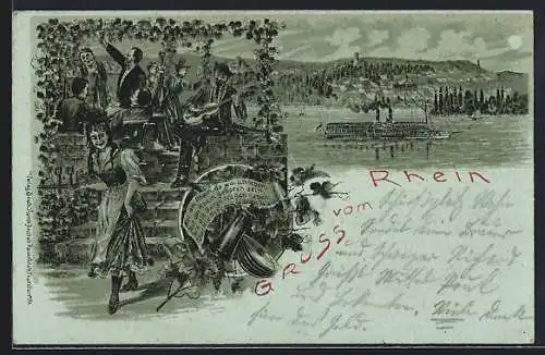 Mondschein-Lithographie Wein-Gasthof am Rhein, feiernde Gäste, Rheindampfer im Mondlicht