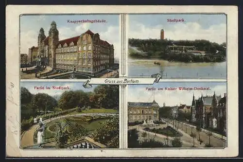 AK Bochum, Knappschaftsgebäude, Stadtpark und Kaiser Wilhelm Denkmal