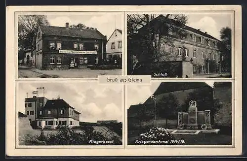 AK Gleina / Naumburg, Bäckerei & Materialwaren Otto Mohr, Fliegerhorst, Schloss, Kriegerdenkmal 1914 /18