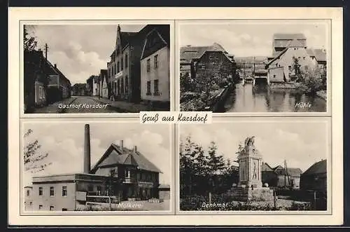 AK Karsdorf / Naumburg, Gasthaus, Mühle, Denkmal & Molkerei