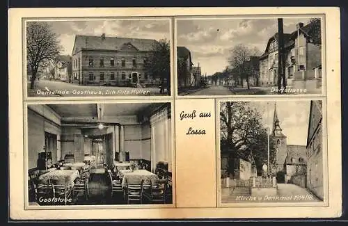 AK Lossa / Naumburg, Gemeinde-Gasthaus, Inneres Gaststube, Kirche und Denkmal 1914-18