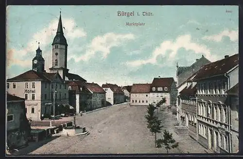 AK Bürgel i. Thür., Markt mit Hotel und Kirche