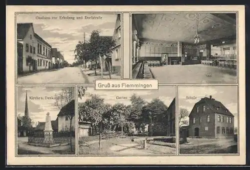 AK Flemmingen / Naumburg, Gasthaus zur Erholung und Dorfstrasse, Inneres Saal, Garten