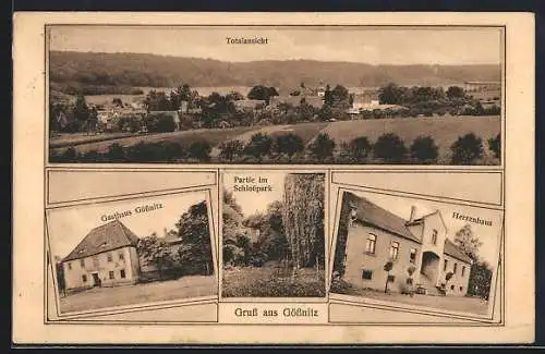 AK Gössnitz / Naumburg, Gasthaus Gössnitz, Schlosspark, Herrenhaus, Totalansicht