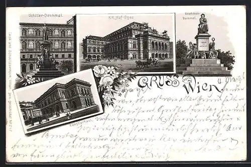 Lithographie Wien, K. K. Hof-Oper, Künsterhaus, Schiller-Denkmal