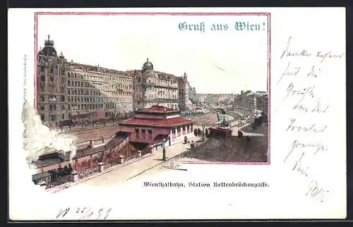 Lithographie Wien, Bahnhof Kettenbrückengasse mit Wienthalbahn