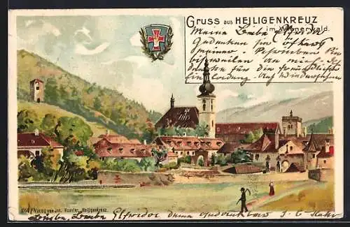 Lithographie Heiligenkreuz im Wienerwald, Ortsansicht mit Kirche, Wappen