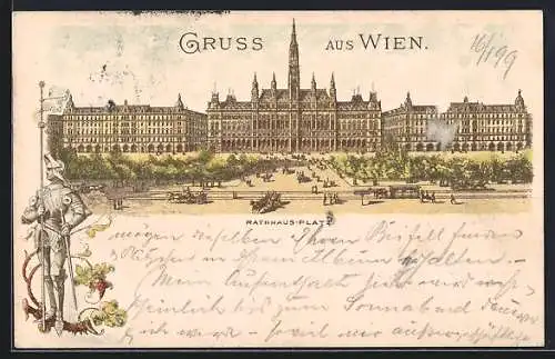 Lithographie Wien, Passanten auf dem Rathaus-Platz