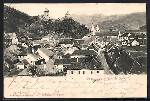 AK Friesach, Ortsansicht mit Berglandschaft