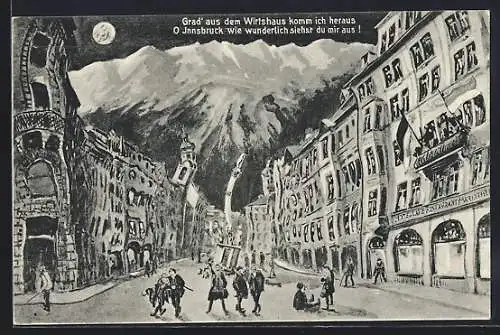 Künstler-AK Innsbruck, Strassenpartie mit Gasthaus bei Mondschein aus der Sicht eines Betrunkenen