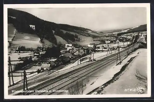 AK Steinhaus a. Semmering, Teilansicht mit Bahngleis im Winter