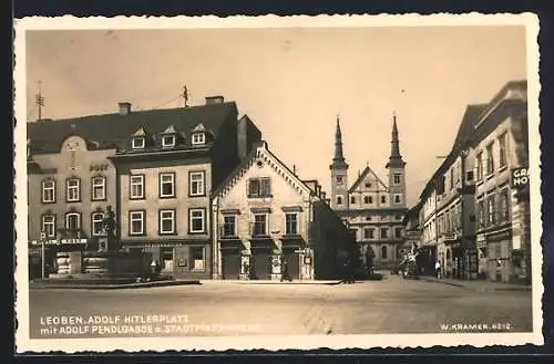 AK Leoben, Hotel Post am platz mit Adolf Pendlgasse und Stadtpfarrkirche