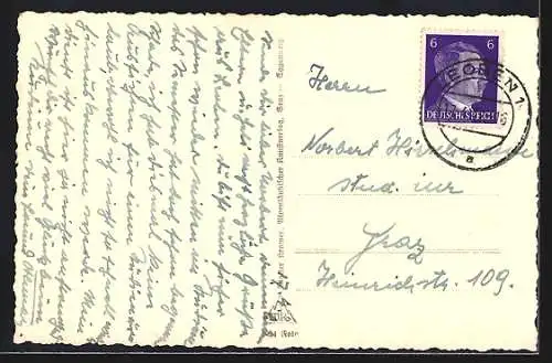 AK Leoben, Hotel Post am platz mit Adolf Pendlgasse und Stadtpfarrkirche