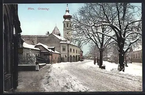 AK Wien, Grinzing, Ortspartie mit Kirchturm im Winter