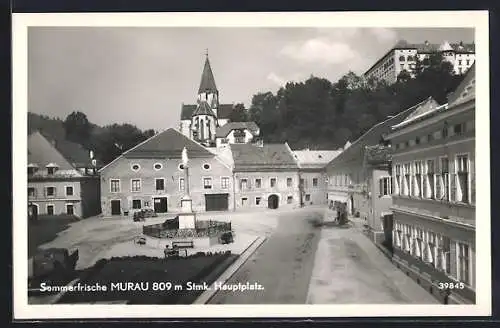 AK Murau, Hauptplatz mit Denkmal, Kirche