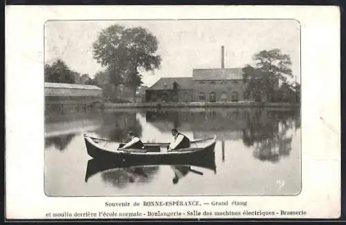 AK Estinnes, Bonne-Espérance, Grand étang et moulin derrière l`école normale, Boulangerie, Salle des machines électrique