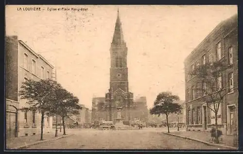 AK La Louvière, Église et Place Maugrétout