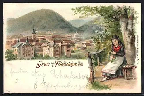 Lithographie Friedrichroda, Ortsansicht mit Frau auf einer Bank