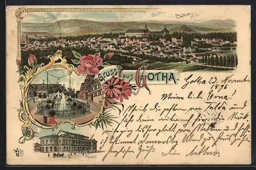 Lithographie Gotha, Theater, Schlossberg, Gesamtansicht