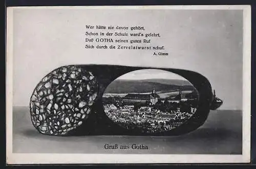 Grusskarten-AK Gotha, Ortsansicht in Zervelatwurst