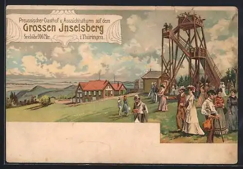 Lithographie Grosser Inselsberg i. Thüringen, Preussischer Gasthof u. Aussichtsthurm