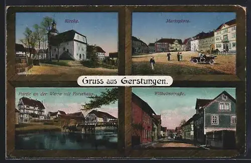 AK Gerstungen, Kirche, Marktplatz, Wilhelmstrasse, Partie an der Werra mit Forsthaus