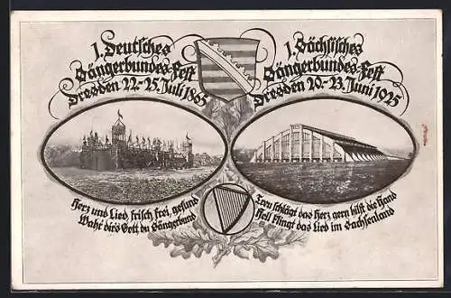 AK Dresden, 60jähriges Jubiläum des 1. Deutschen Sängerbundes-Festes 1865, 1. Sächsisches Sängerbundes-Fest 1925