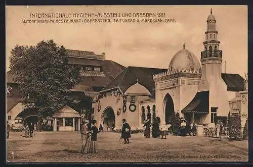 AK Dresden, Intern. Hygiene-Ausstellung 1911, Alpenpanoramarestaurant Oberbayern, Taifunrad und Marokkan. Café