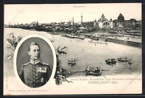 AK Düsseldorf, Intern. Kunst-, Kunsthistor. u. gr. Gartenbau-Ausstellung 1904, Totalansicht, Soldat in Uniform