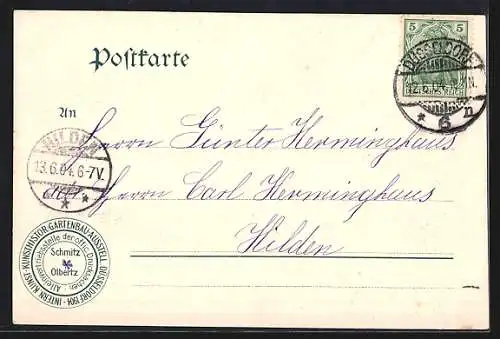 AK Düsseldorf, Intern. Kunst-, Kunsthistor. u. gr. Gartenbau-Ausstellung 1904, Totalansicht, Soldat in Uniform