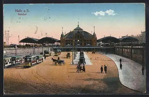 AK Halle / Saale, Blick zum Bahnhof, Strassenbahnen, Pferdekutsche