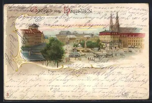 Lithographie Dresden, Blick über den Postplatz