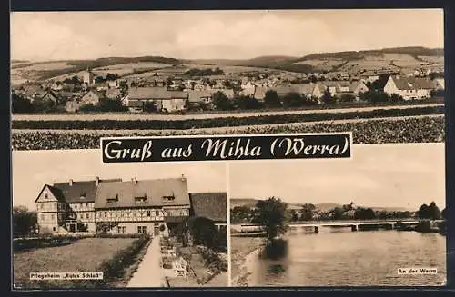 AK Mihla /Werra, Pflegeheim Rotes Schloss, An der Werra, Ortsansicht aus der Vogelschau