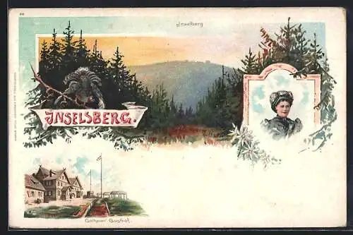 Lithographie Brotterode, Inselsberg, Preussischer Gasthof, alte Frau in traditioneller Kleidung, Truthahn