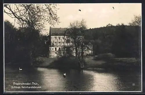 AK Friedrichroda, Schloss Reinhardsbrunn am Gewässer mit Schwänen