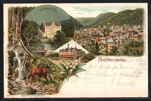 Lithographie Friedrichroda, Reinhardsbrunn, Kurhaus, Wasserfall im kühlen Thal, Totalansicht