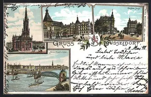 Lithographie Düsseldorf, Johanniskirche, Markt-Platz, Elberfelder Strasse, Neue Rheinbrücke