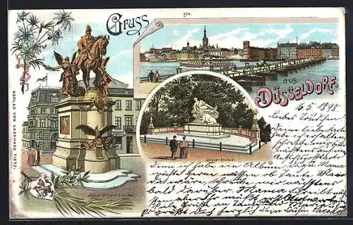 Lithographie Düsseldorf, Kaiser Wilhelm-Denkmal, Kriegerdenkmal, Dampfer passiert die Stadt, Wappen