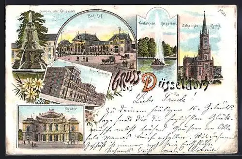 Lithographie Düsseldorf, Bahnhof, Fontaine im Hofgarten, Johannis-Kirche, Kunstakademie, Theater