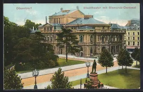 AK Düsseldorf, Stadttheater mit Bismarck-Denkmal