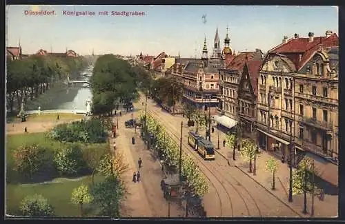 AK Düsseldorf, Königsallee mit Stadtgraben und Strassenbahn