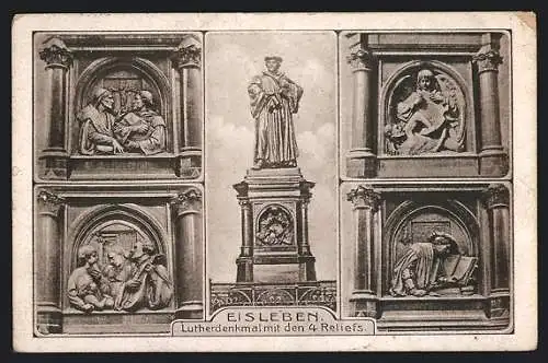 AK Eisleben, Lutherdenkmal mit 4 Reliefs