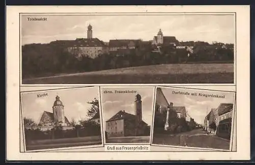 AK Frauenpriessnitz, Totalansicht, Kirche, Ehem. Frauenkloster, Dorfstrasse und Kriegerdenkmal