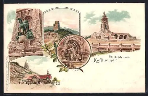 Lithographie Kyffhäuser, Kyffhäuserdenkmal, Barbarossa, Reiterstandbild